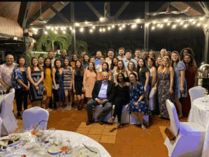 Prof. Stephen Sammut with Drs. Cynthia Obiozor and Lukejohn Day, WG’24 and other Wharton students during a Global Modular Course on healthcare in Ghana. (Credit: Labadi Beach Hotel)