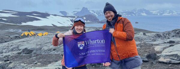 Julie Zhao, WG’25, and Clement Lee, WG’24, in Antarctica (Credit: Matthew Wellens)