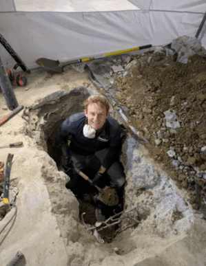 Dan Zastrow, WG’ 20, digging a hole to fix a sewer (Credit: Jesus Garcia)