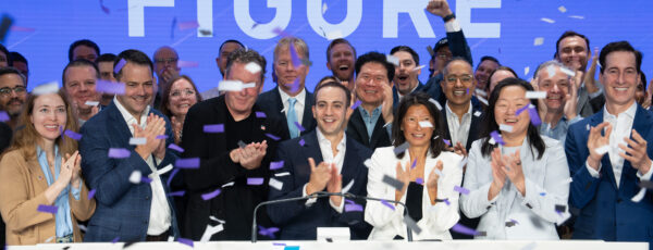 Brad Mears, WG’26, (Center, Rear) ringing the bell with his Figure coworkers. (Image Credit: Nasdaq, Inc.)