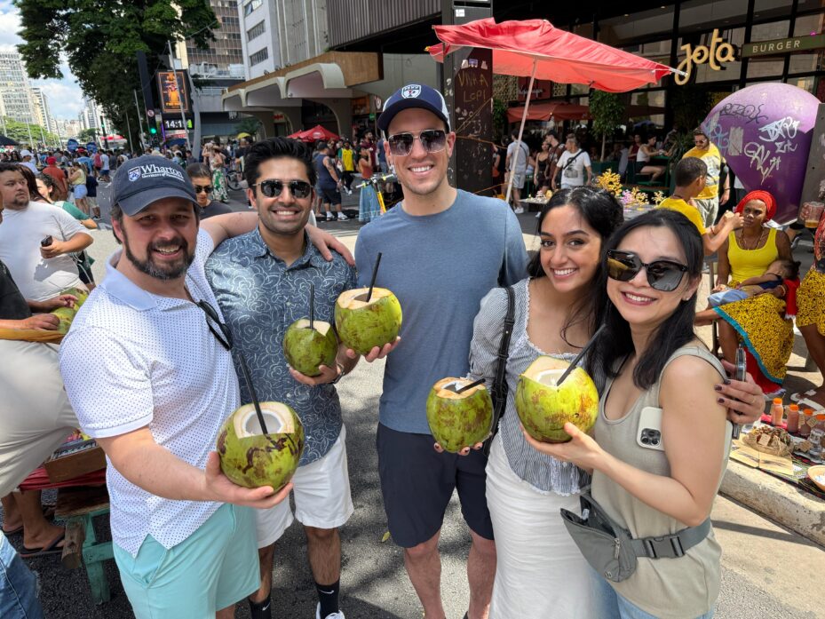 Rohit Chawla, WG’27, and Ananya Gutta, WG’27, with classmates during a Global Modular Course in Brazil. (Image Credit: James Brown III)